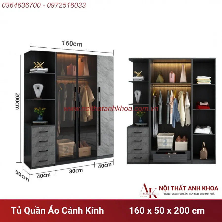 Tủ Quần Áo Cánh Kính Gỗ MDF Màu Xám Chì Đa Dạng Mẫu Mã Kích Thước