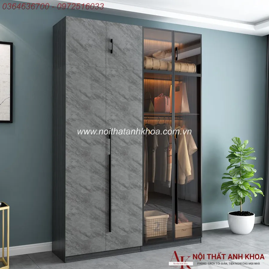 Tủ Quần Áo Cánh Kính Gỗ MDF Màu Xám Chì Đa Dạng Mẫu Mã Kích Thước