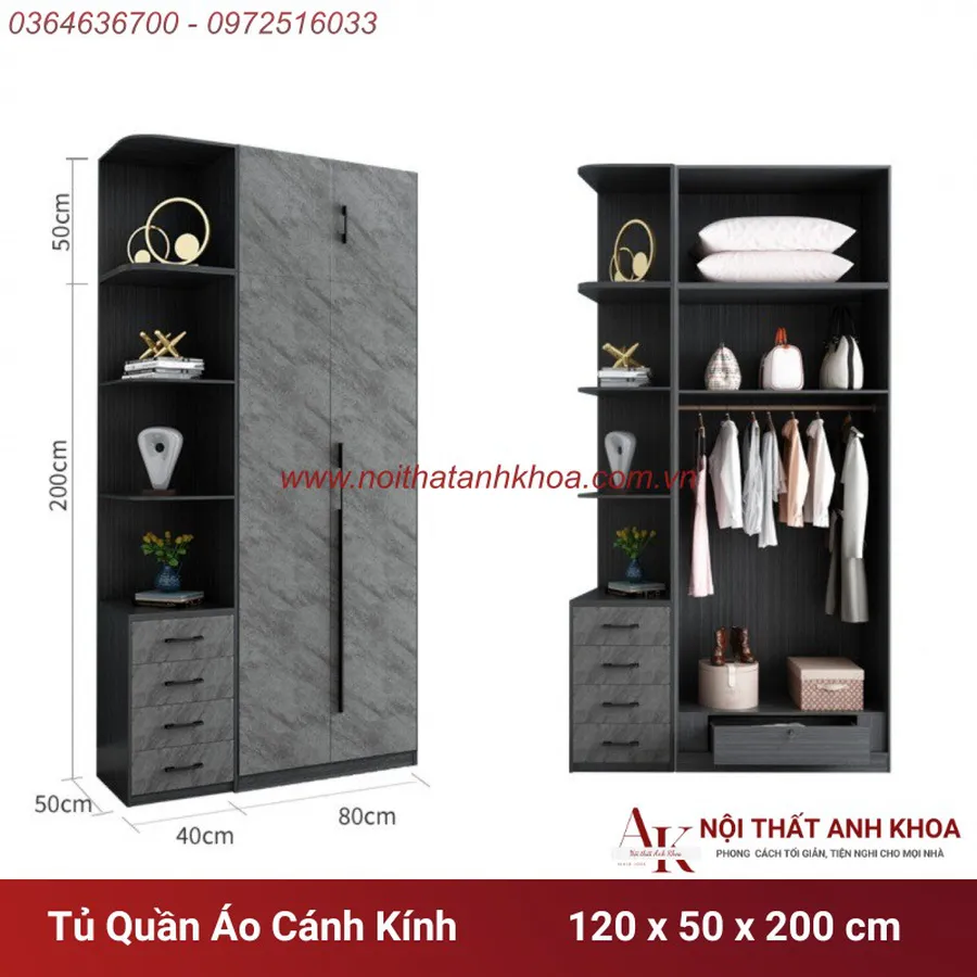 Tủ Quần Áo Cánh Kính Gỗ MDF Màu Xám Chì Đa Dạng Mẫu Mã Kích Thước