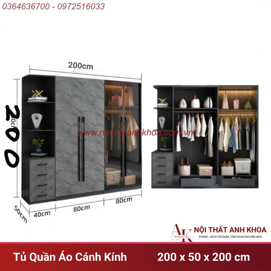 Tủ Quần Áo Cánh Kính Gỗ MDF Màu Xám Chì Đa Dạng Mẫu Mã Kích Thước