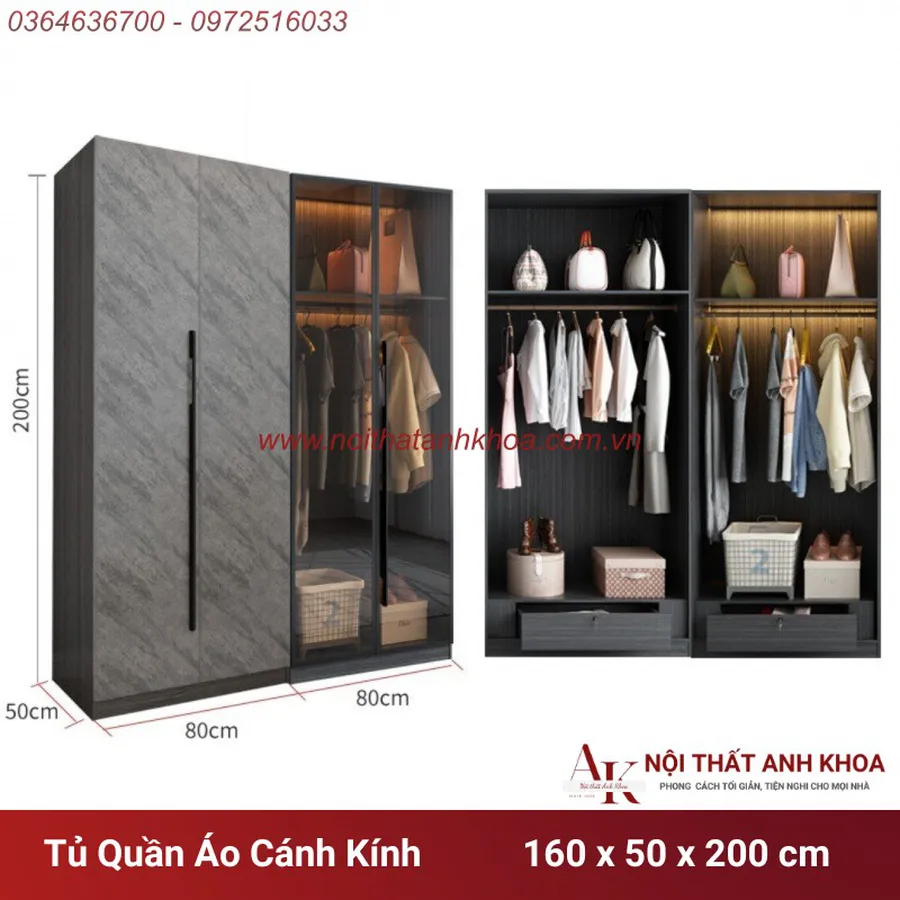Tủ Quần Áo Cánh Kính Gỗ MDF Màu Xám Chì Đa Dạng Mẫu Mã Kích Thước