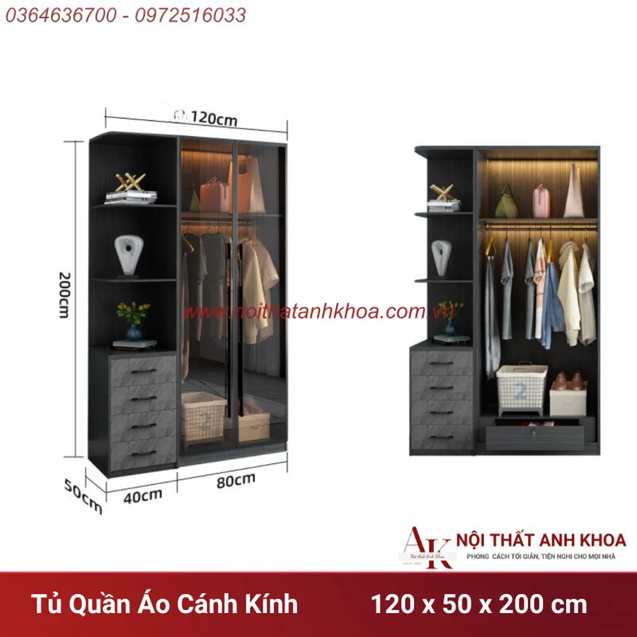 Tủ Quần Áo Cánh Kính Gỗ MDF Màu Xám Chì Đa Dạng Mẫu Mã Kích Thước