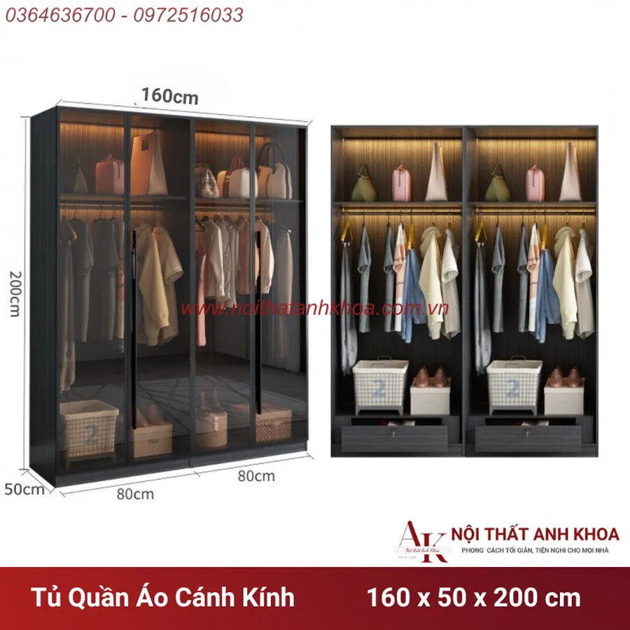 Tủ Quần Áo Cánh Kính Gỗ MDF Màu Xám Chì Đa Dạng Mẫu Mã Kích Thước