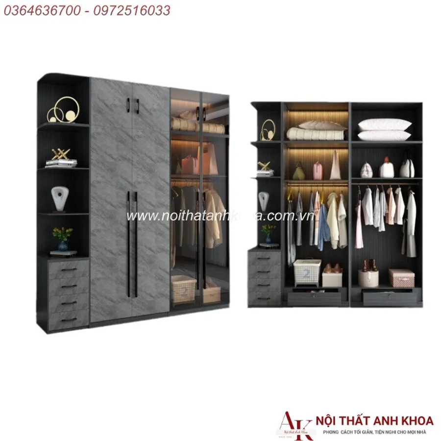 Tủ Quần Áo Cánh Kính Gỗ MDF Màu Xám Chì Đa Dạng Mẫu Mã Kích Thước