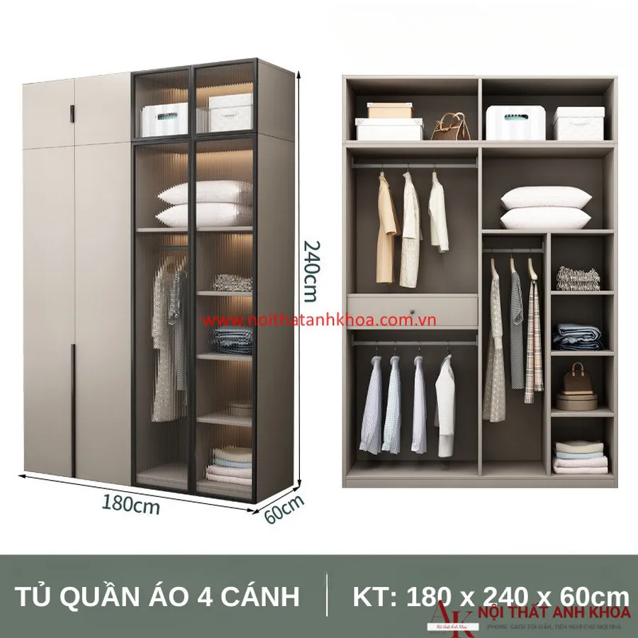 Tủ Quần Áo Cánh Kính Gỗ MDF Thiết Kế Sang Trọng Hiện Đại