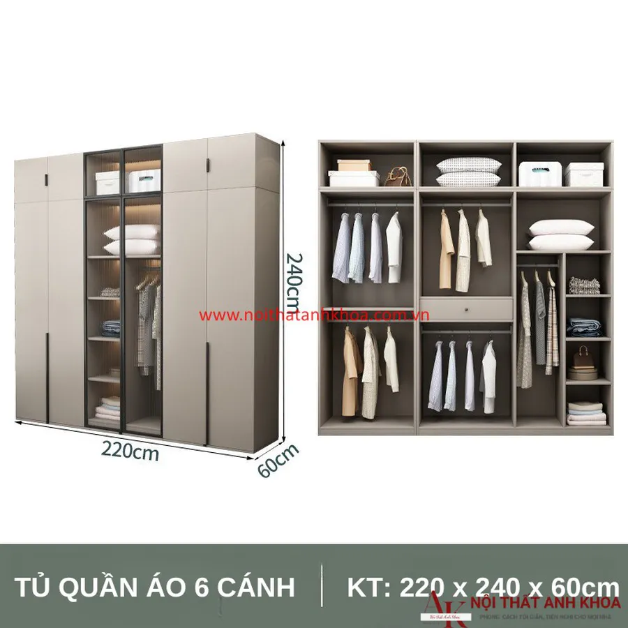 Tủ Quần Áo Cánh Kính Gỗ MDF Thiết Kế Sang Trọng Hiện Đại