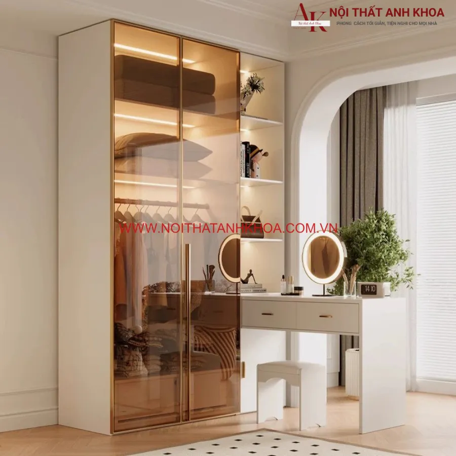Tủ Quần Áo Cánh Kính Kết Hợp Bàn Trang Điểm Gỗ Công Nghiệp Hiện Đại