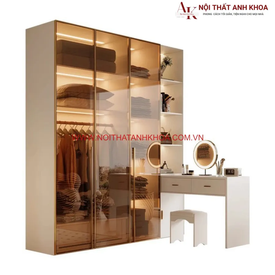 Tủ Quần Áo Cánh Kính Kết Hợp Bàn Trang Điểm Gỗ Công Nghiệp Hiện Đại