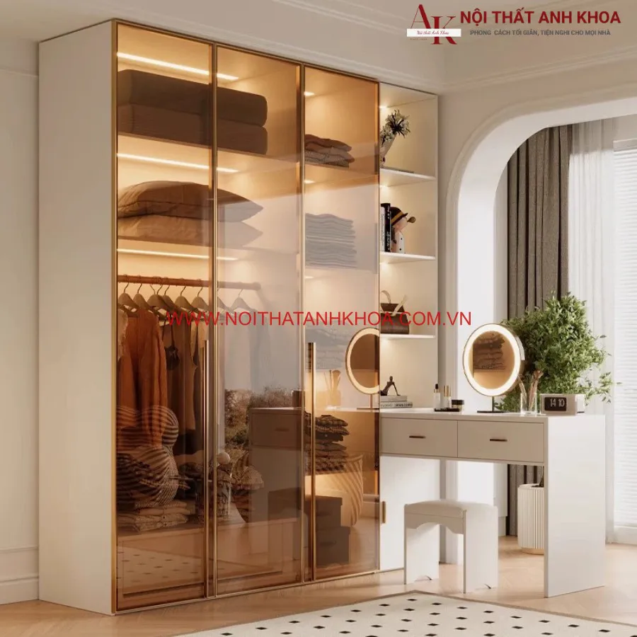 Tủ Quần Áo Cánh Kính Kết Hợp Bàn Trang Điểm Gỗ Công Nghiệp Hiện Đại