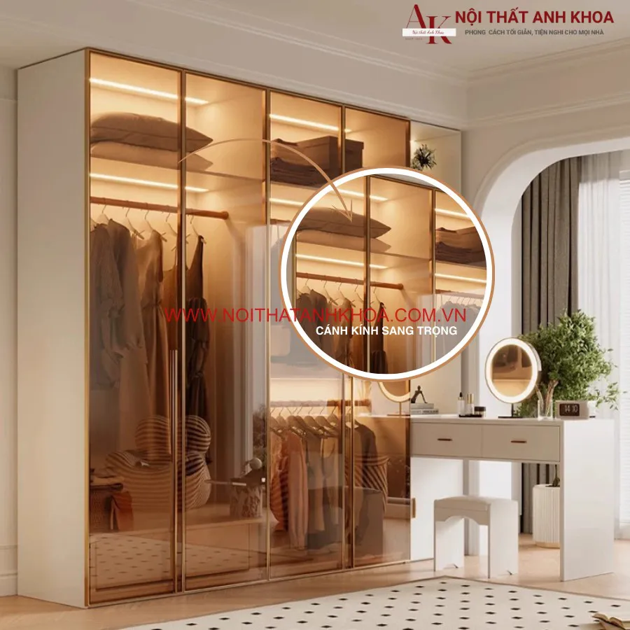 Tủ Quần Áo Cánh Kính Kết Hợp Bàn Trang Điểm Gỗ Công Nghiệp Hiện Đại