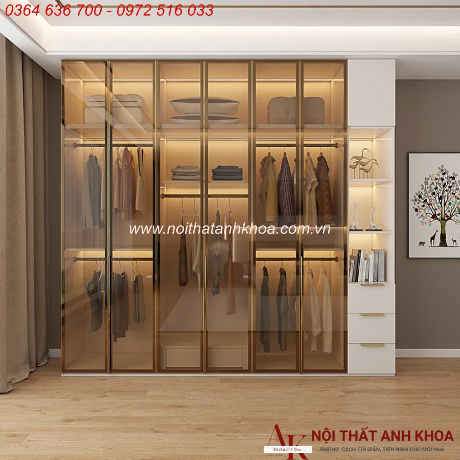 Tủ Quần Áo Cánh Kính Khung Gỗ MDF Cánh Kính Cường Lực