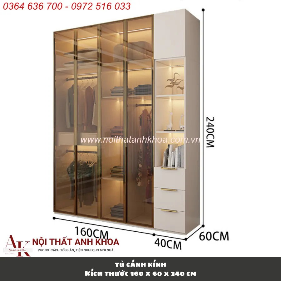 Tủ Quần Áo Cánh Kính Khung Gỗ MDF Cánh Kính Cường Lực