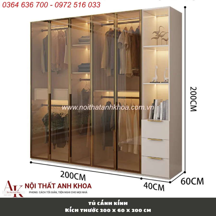 Tủ Quần Áo Cánh Kính Khung Gỗ MDF Cánh Kính Cường Lực