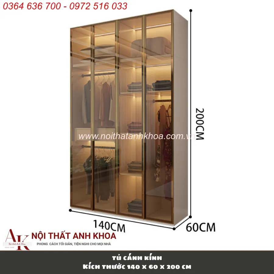 Tủ Quần Áo Cánh Kính Khung Gỗ MDF Cánh Kính Cường Lực