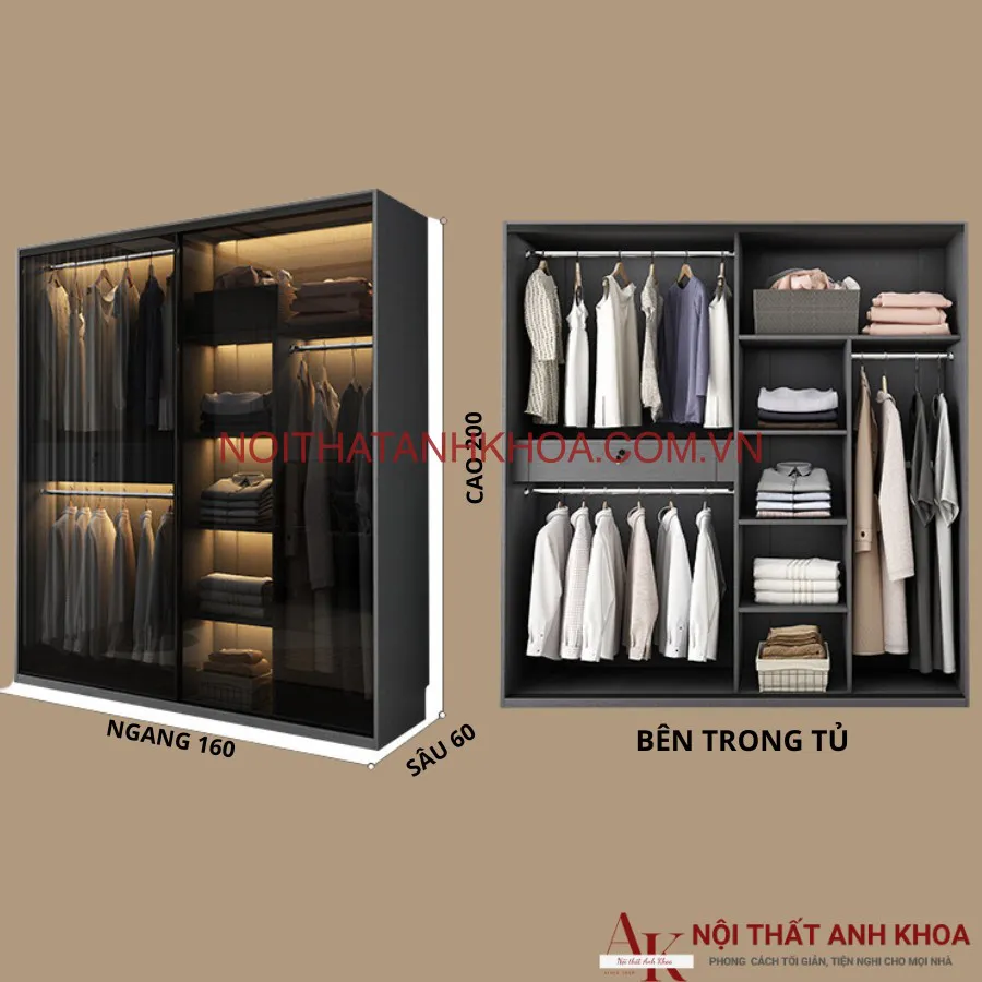 Tủ Quần Áo Cánh Kính Lùa Khung Tủ Gỗ Công Nghiệp Giá Tốt