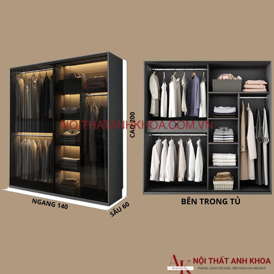 Tủ Quần Áo Cánh Kính Lùa Khung Tủ Gỗ Công Nghiệp Giá Tốt