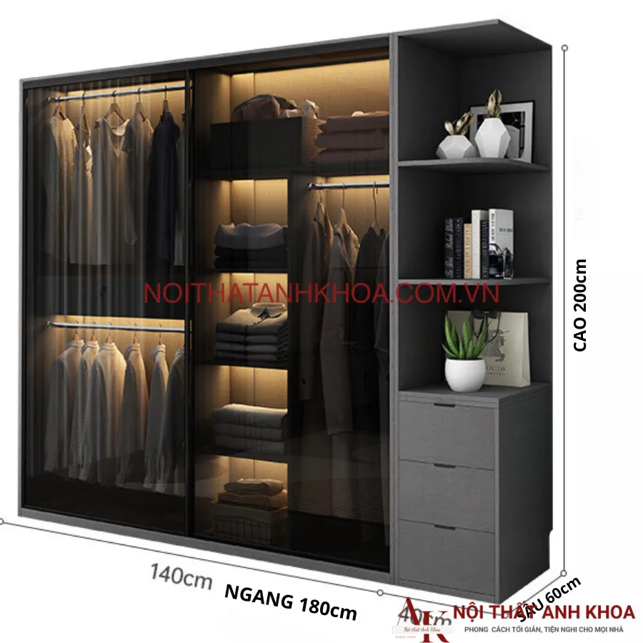 Tủ Quần Áo Cánh Kính Lùa Khung Tủ Gỗ Công Nghiệp Giá Tốt