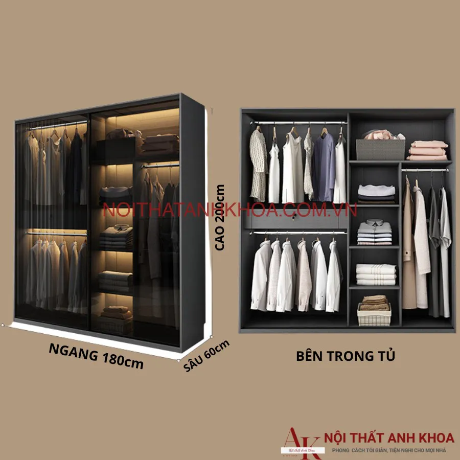 Tủ Quần Áo Cánh Kính Lùa Khung Tủ Gỗ Công Nghiệp Giá Tốt