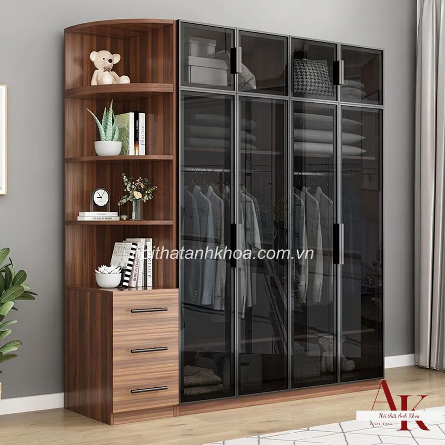 Tủ Quần Áo Cánh Kính Màu Nâu Vân Gỗ Phối Kính Đen Hiện Đại