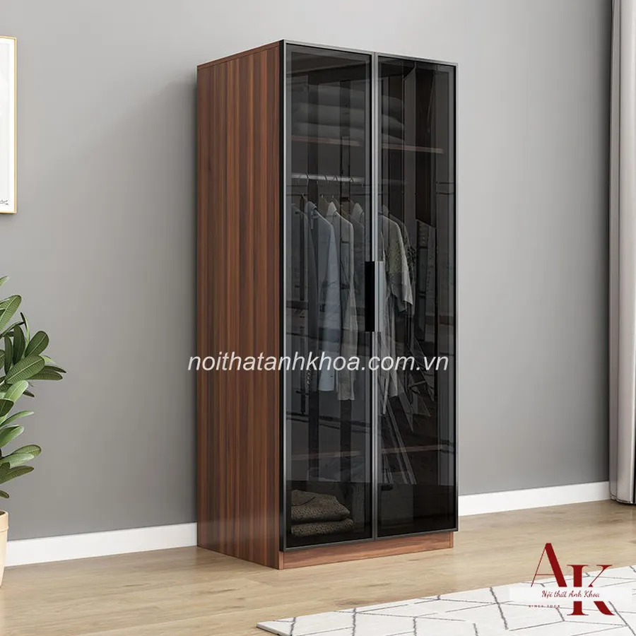 Tủ Quần Áo Cánh Kính Màu Nâu Vân Gỗ Phối Kính Đen Hiện Đại