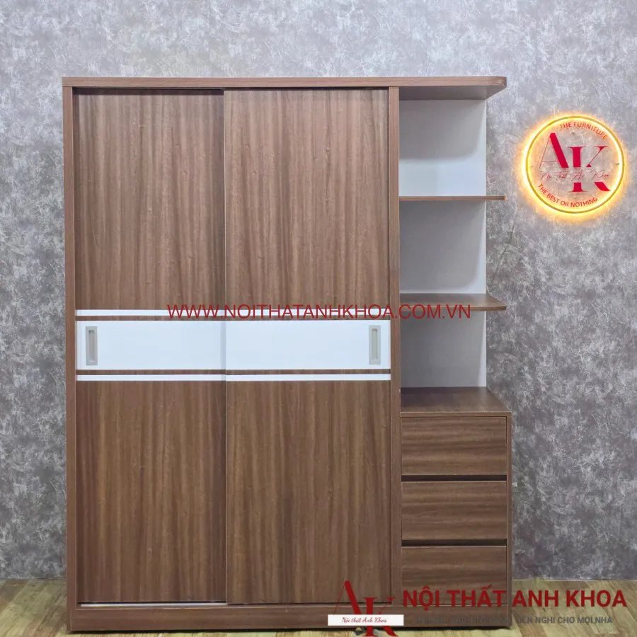 Tủ Quần Áo Cửa Kéo Màu Nâu Vân Gỗ Phối Sọc Trắng Giá Rẻ
