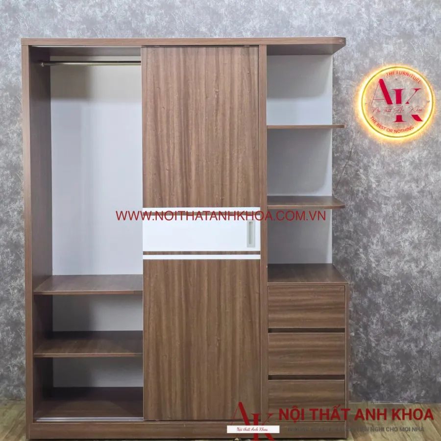 Tủ Quần Áo Cửa Kéo Màu Nâu Vân Gỗ Phối Sọc Trắng Giá Rẻ