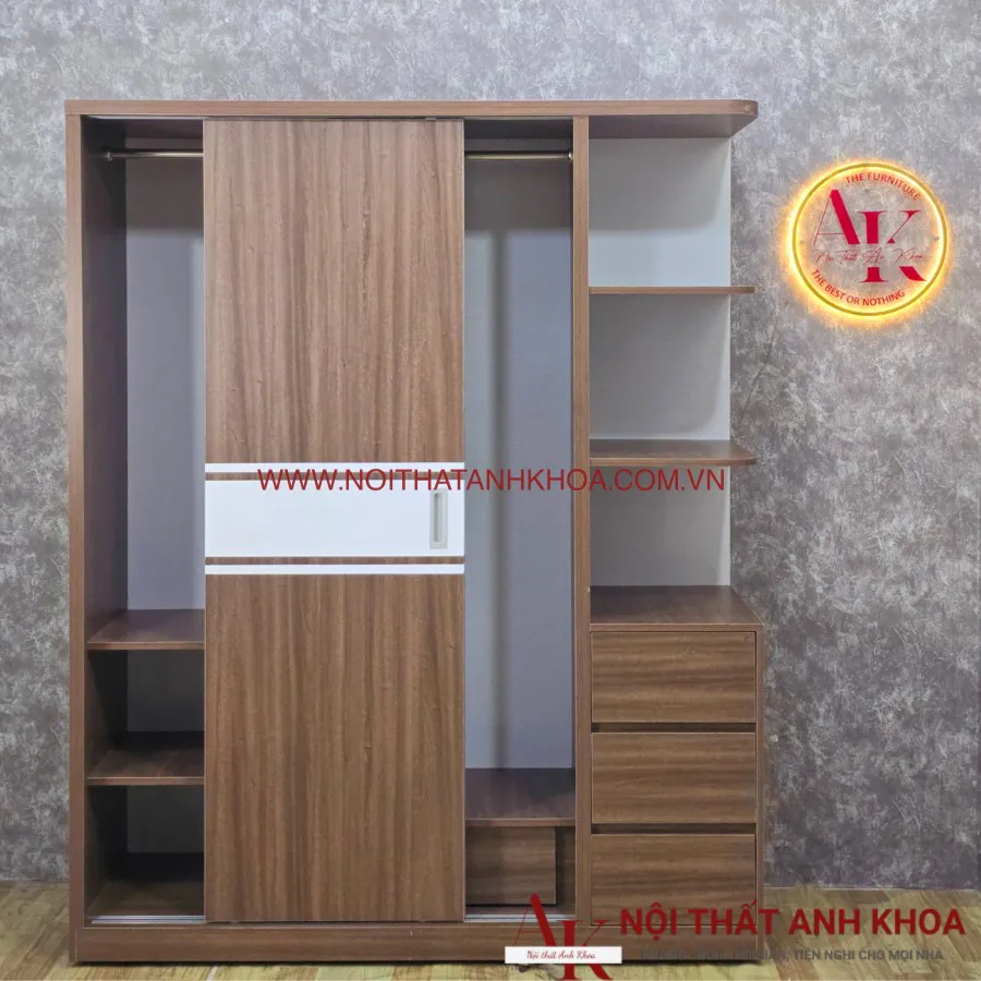 Tủ Quần Áo Cửa Kéo Màu Nâu Vân Gỗ Phối Sọc Trắng Giá Rẻ