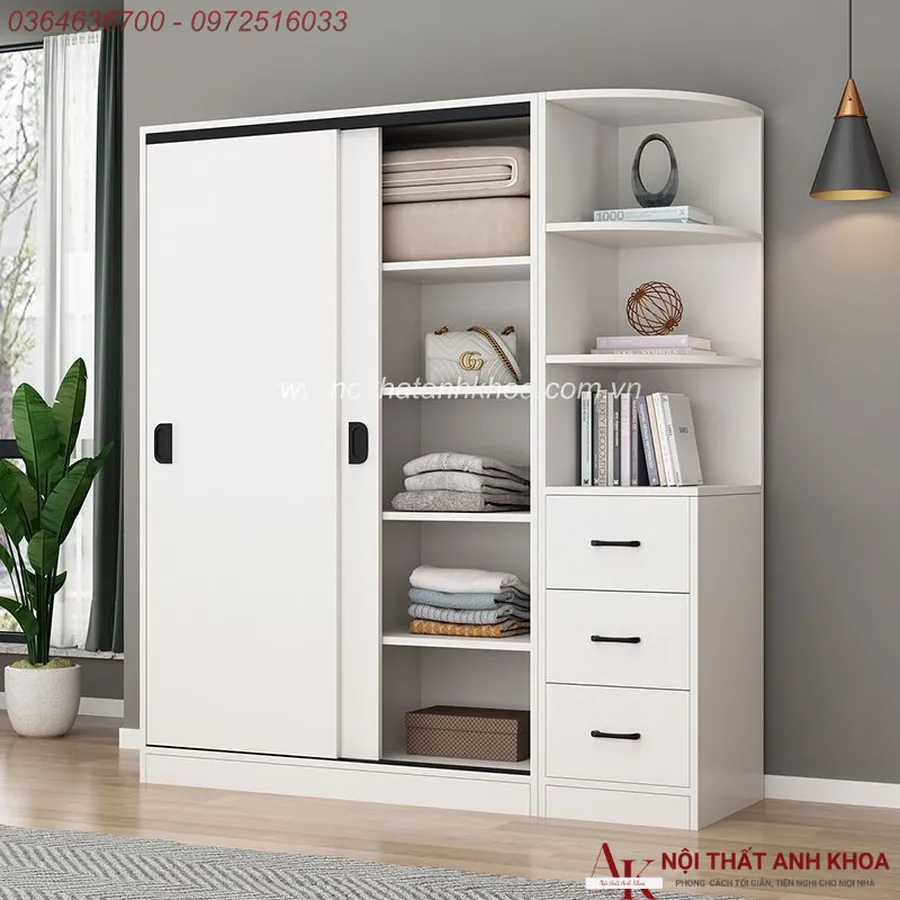 Tủ Quần Áo Cửa Lùa 2 Cánh Gỗ MDF Phủ Melamine Đẹp Hiện Đại