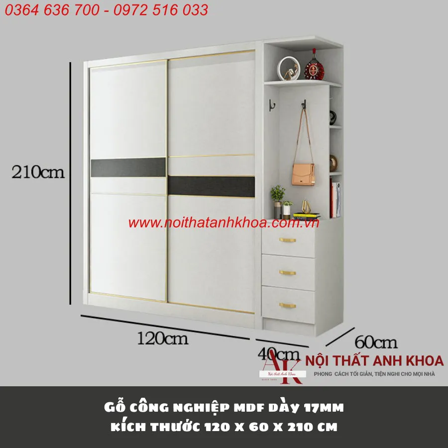 Tủ Quần Áo Cửa Lùa 2 Cánh Màu Trắng Phối Viền Đen Đẹp Hiện Đại