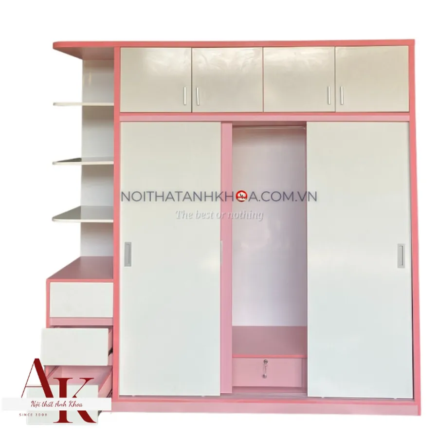 Tủ Quần Áo Cửa Lùa Gỗ MDF Màu Hồng Cá Tính Hiện Đại