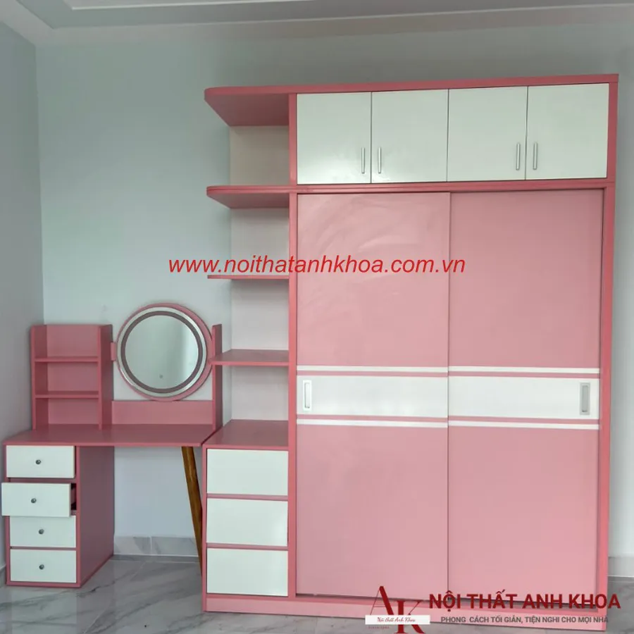Tủ Quần Áo Cửa Lùa Gỗ MDF Màu Hồng Cá Tính Hiện Đại