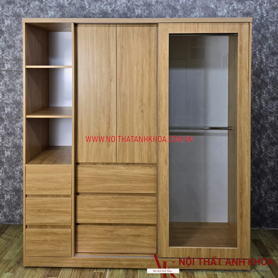 Tủ Quần Áo Cửa Lùa Gỗ MDF Kết Hợp Cánh Kính Đẹp Giá Rẻ