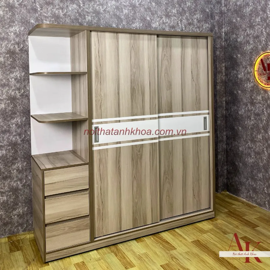 Tủ Quần Áo Cửa Lùa Phối Sọc Trắng Có Kệ Cao Cấp Hiện Đại