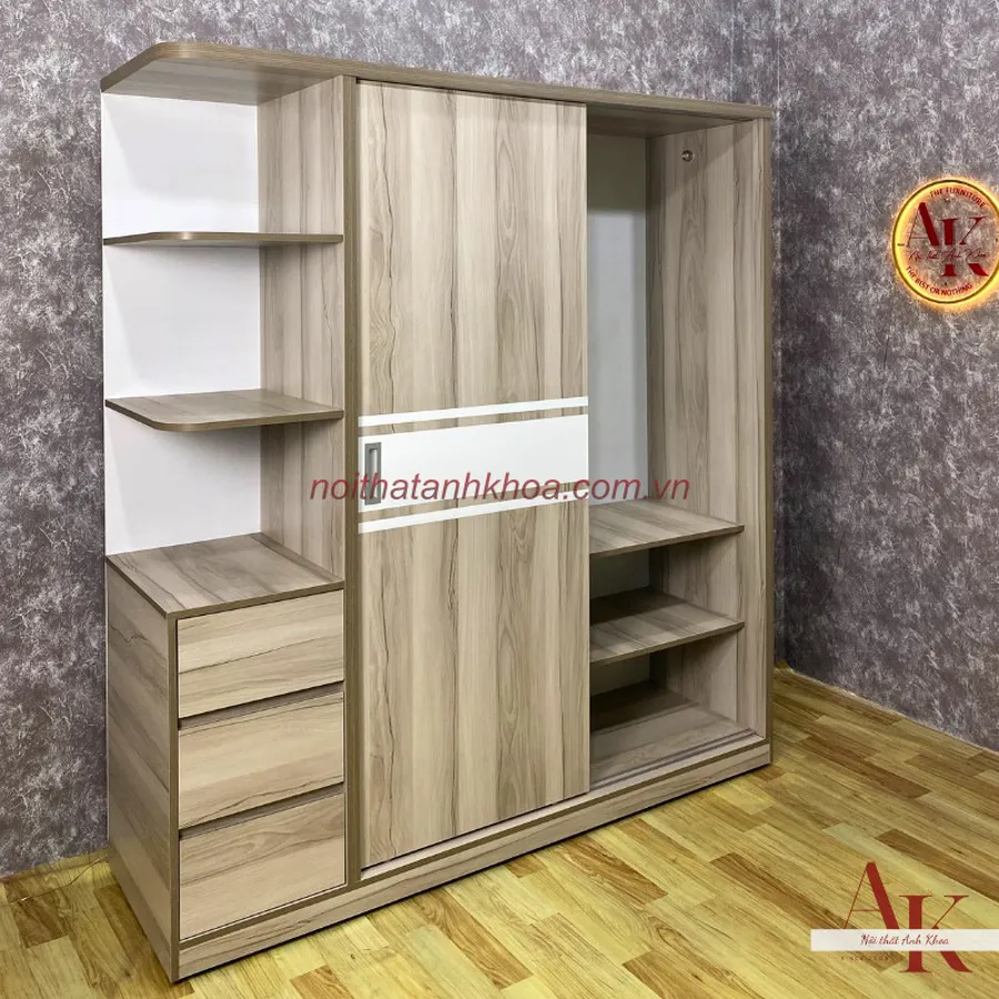 Tủ Quần Áo Cửa Lùa Phối Sọc Trắng Có Kệ Cao Cấp Hiện Đại