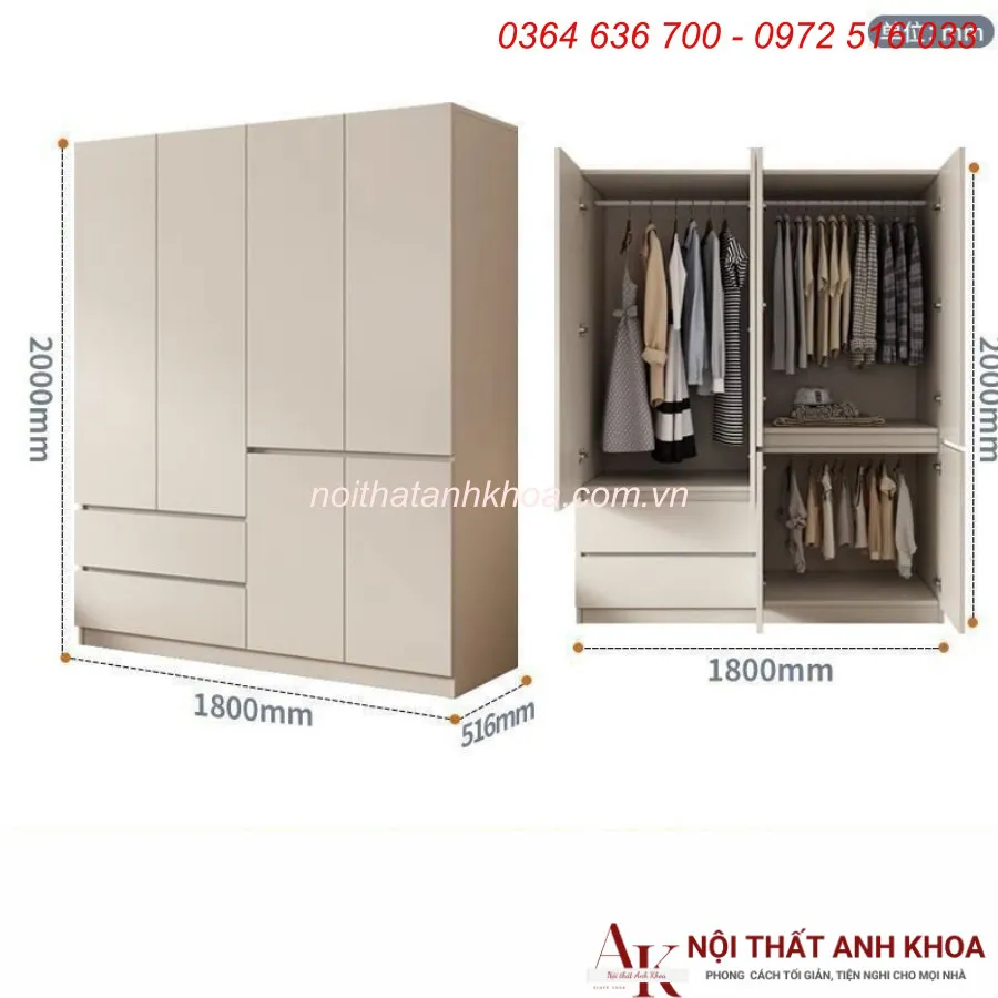 Tủ Quần Áo Giá Rẻ Màu Trắng Gỗ MDF Đẹp Cao Cấp