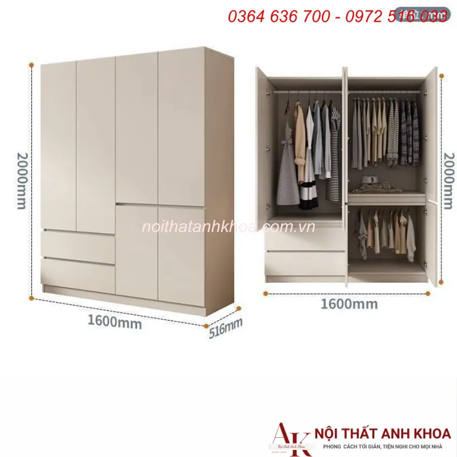 Tủ Quần Áo Giá Rẻ Màu Trắng Gỗ MDF Đẹp Cao Cấp