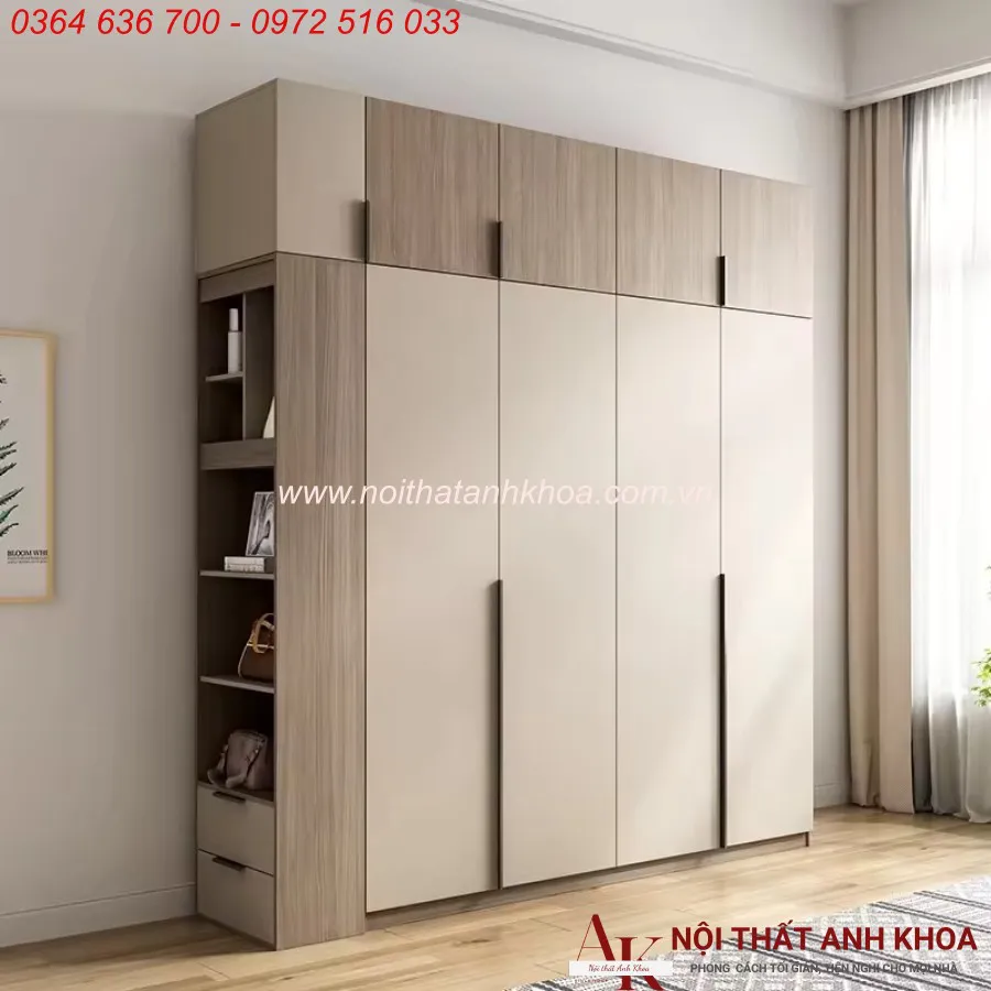Tủ Quần Áo Gỗ Công Nghiệp 4 Cánh 2 Buồng Phối Màu Đẹp