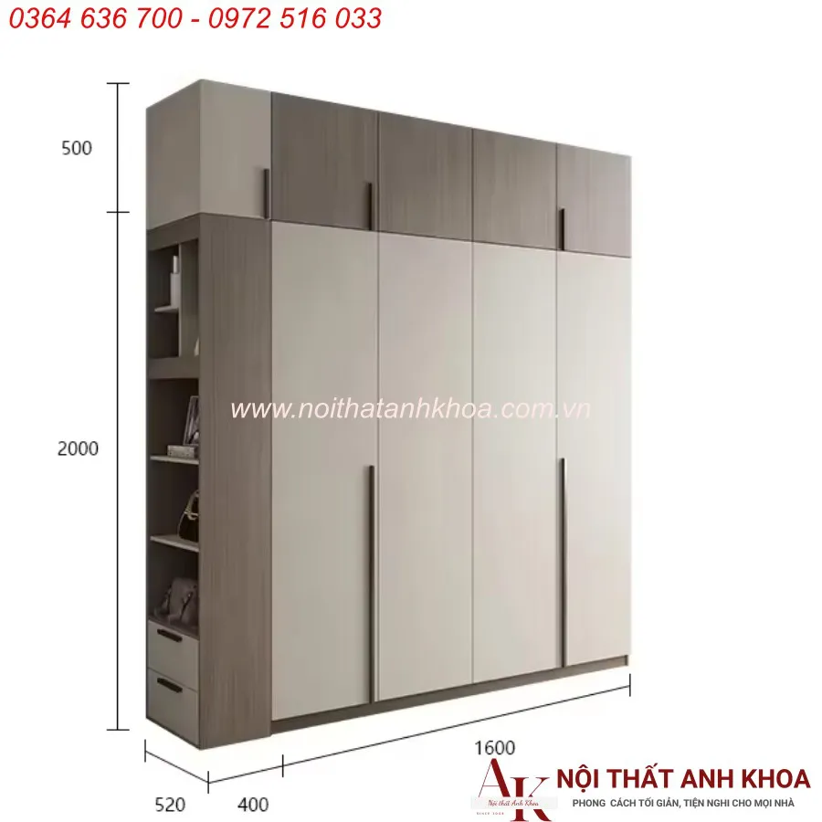 Tủ Quần Áo Gỗ Công Nghiệp 4 Cánh 2 Buồng Phối Màu Đẹp