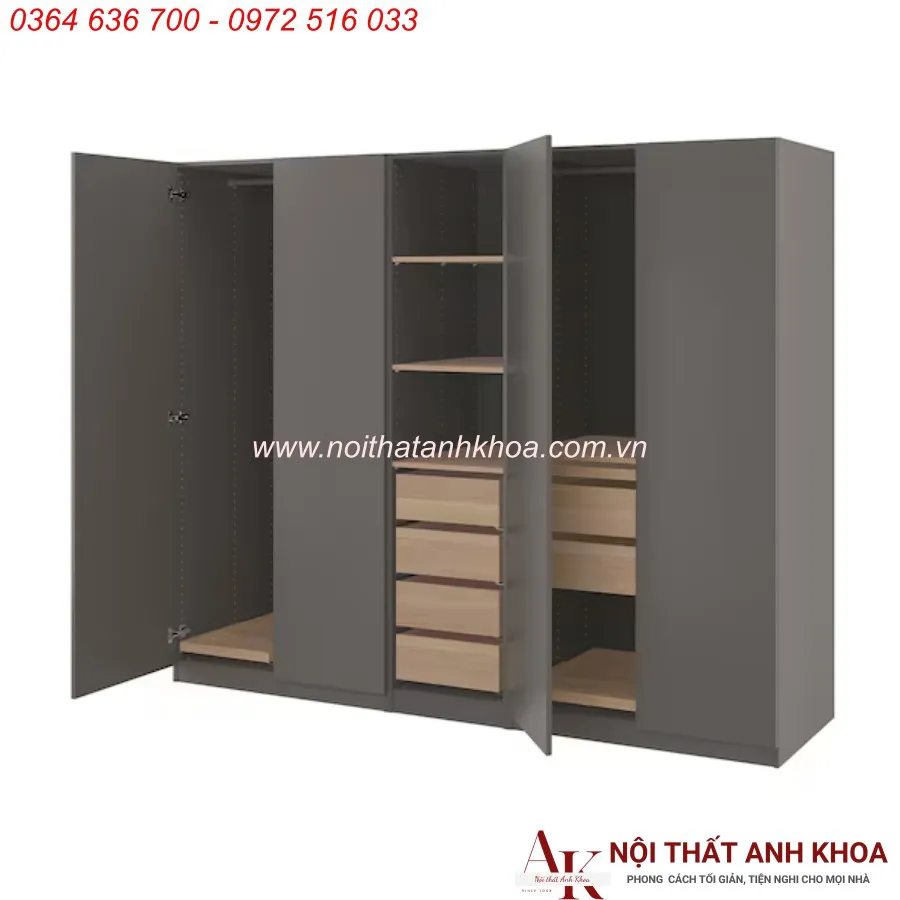 Tủ Quần Áo Gỗ Công Nghiệp 4 Cánh Màu Xám Hiện Đại Giá Rẻ
