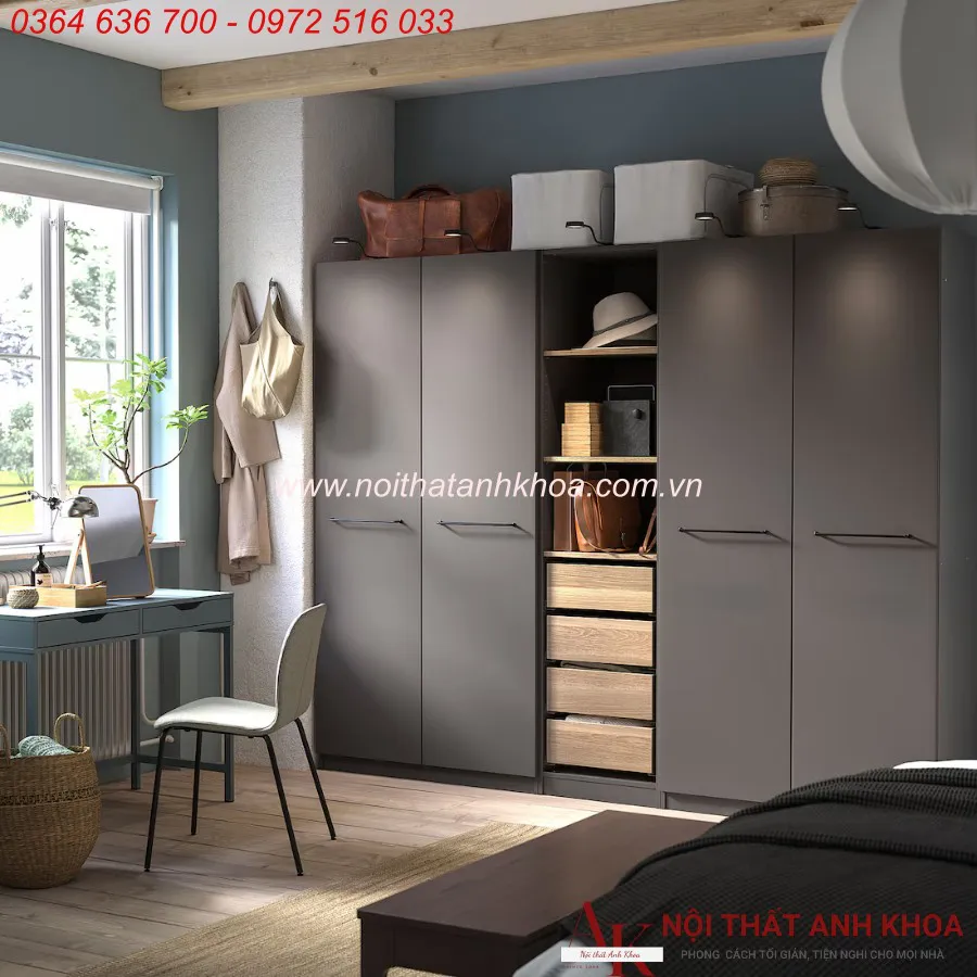 Tủ Quần Áo Gỗ Công Nghiệp 4 Cánh Màu Xám Hiện Đại Giá Rẻ