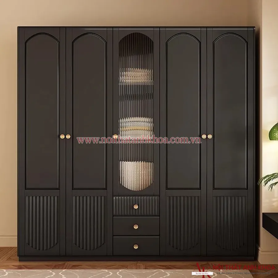 Tủ Quần Áo Gỗ Công Nghiệp 5 Cánh Màu Đen Đẹp Hiện Đại