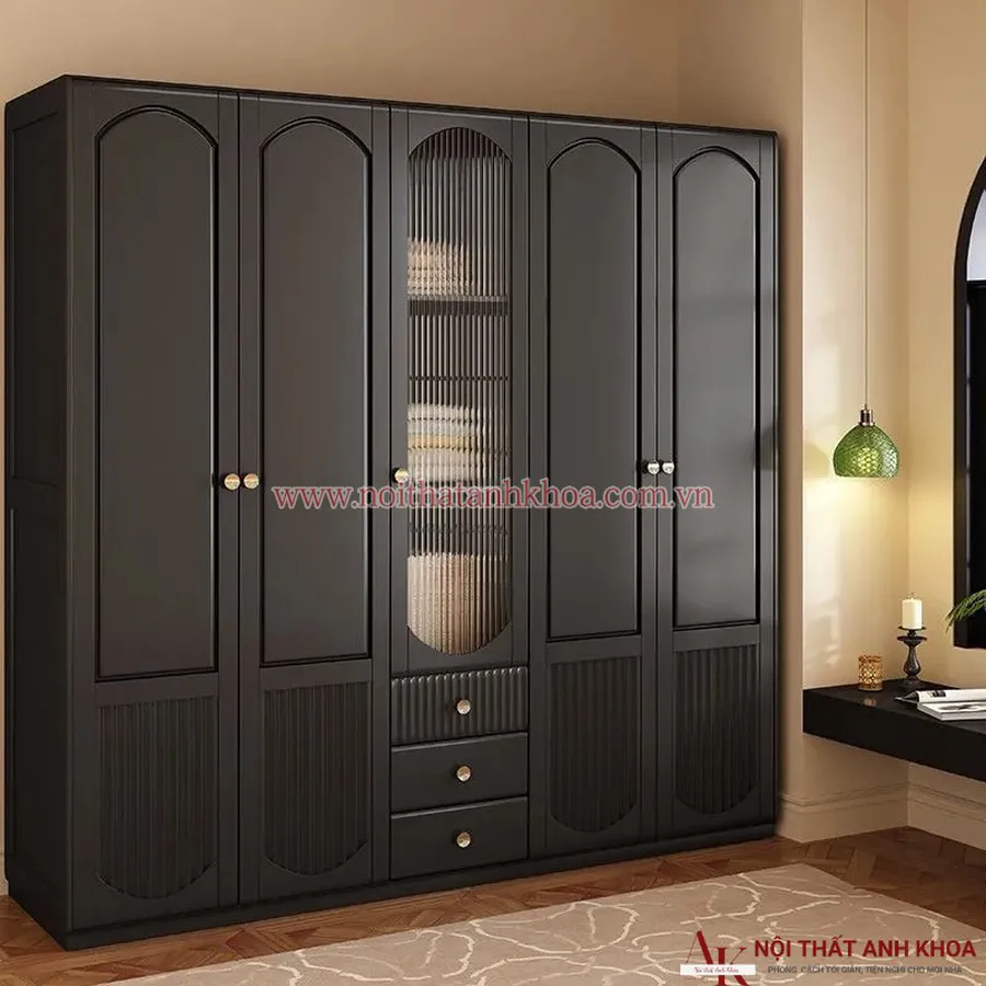Tủ Quần Áo Gỗ Công Nghiệp 5 Cánh Màu Đen Đẹp Hiện Đại