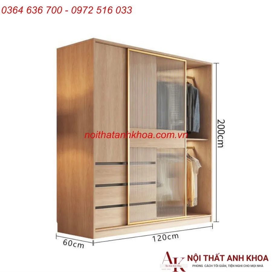 Tủ Quần Áo Gỗ Công Nghiệp Cánh Kính Lùa Đẹp Hiện Đại