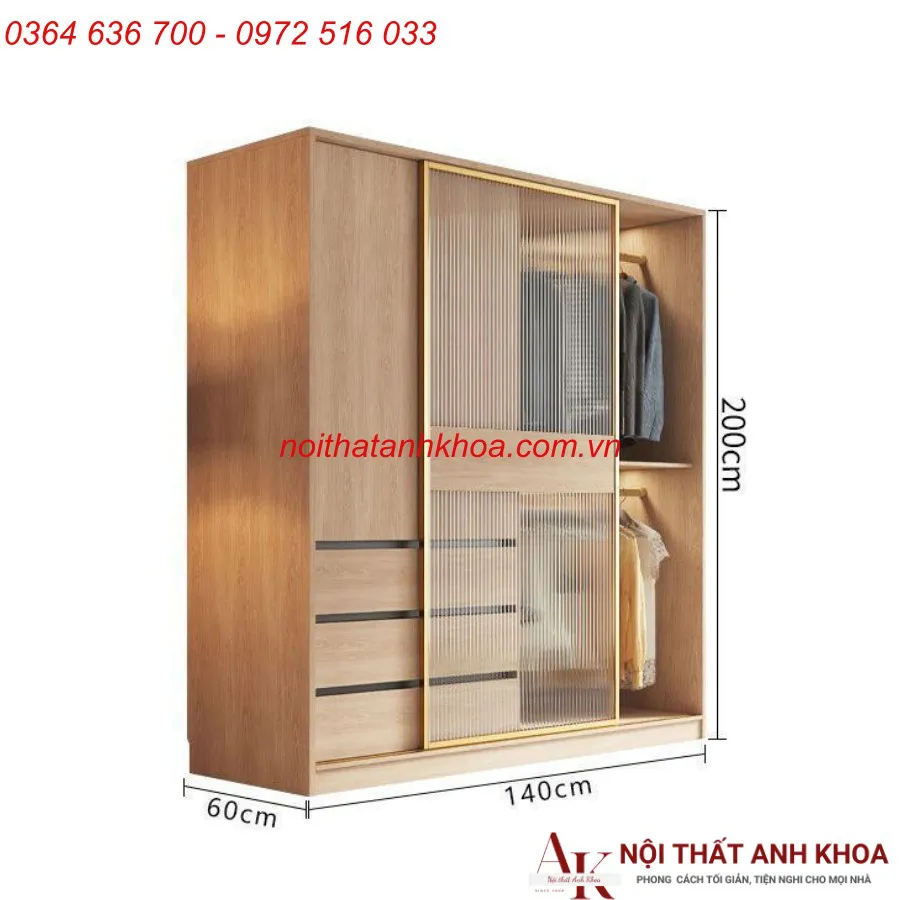 Tủ Quần Áo Gỗ Công Nghiệp Cánh Kính Lùa Đẹp Hiện Đại