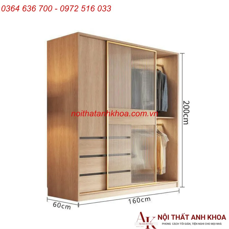 Tủ Quần Áo Gỗ Công Nghiệp Cánh Kính Lùa Đẹp Hiện Đại