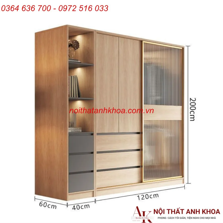 Tủ Quần Áo Gỗ Công Nghiệp Cánh Kính Lùa Đẹp Hiện Đại