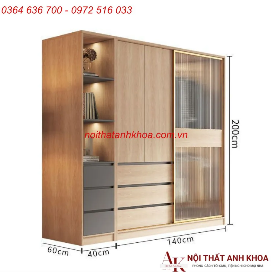 Tủ Quần Áo Gỗ Công Nghiệp Cánh Kính Lùa Đẹp Hiện Đại