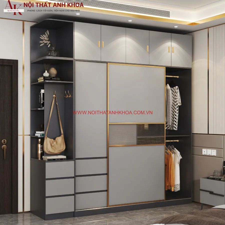 Tủ Quần Áo Gỗ Công Nghiệp Kết Hợp Cánh Kính Đẹp Hiện Đại