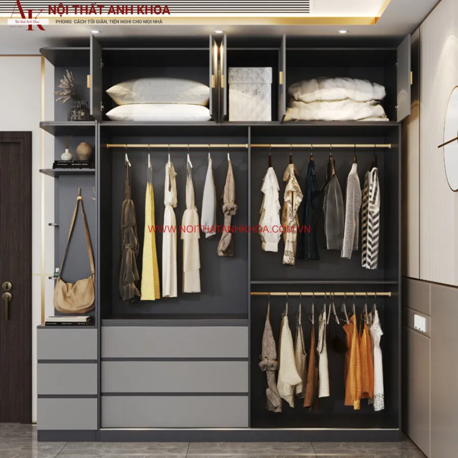 Tủ Quần Áo Gỗ Công Nghiệp Kết Hợp Cánh Kính Đẹp Hiện Đại