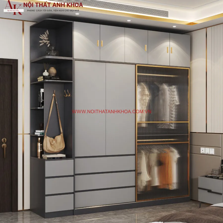Tủ Quần Áo Gỗ Công Nghiệp Kết Hợp Cánh Kính Đẹp Hiện Đại